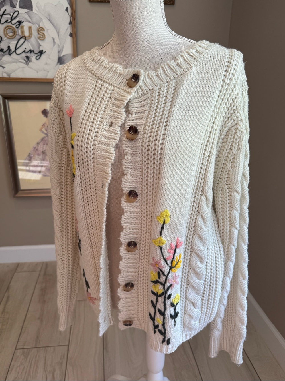 POL Cream Floral Embroidered Button-Down Cardigan